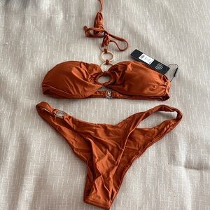 Rust Orange Ring-Accent Bandeau Bikini Set